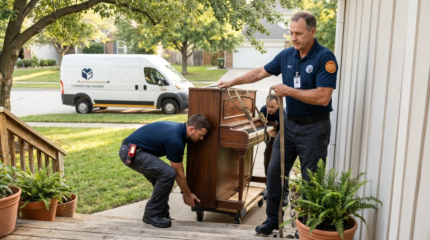 Licensed piano movers securing grand piano in Ardmore, TN
