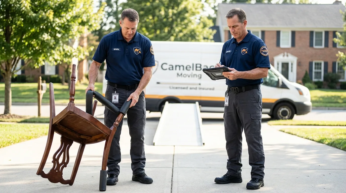 Movers inspecting furniture for damage prevention before loading in Ardmore, TN